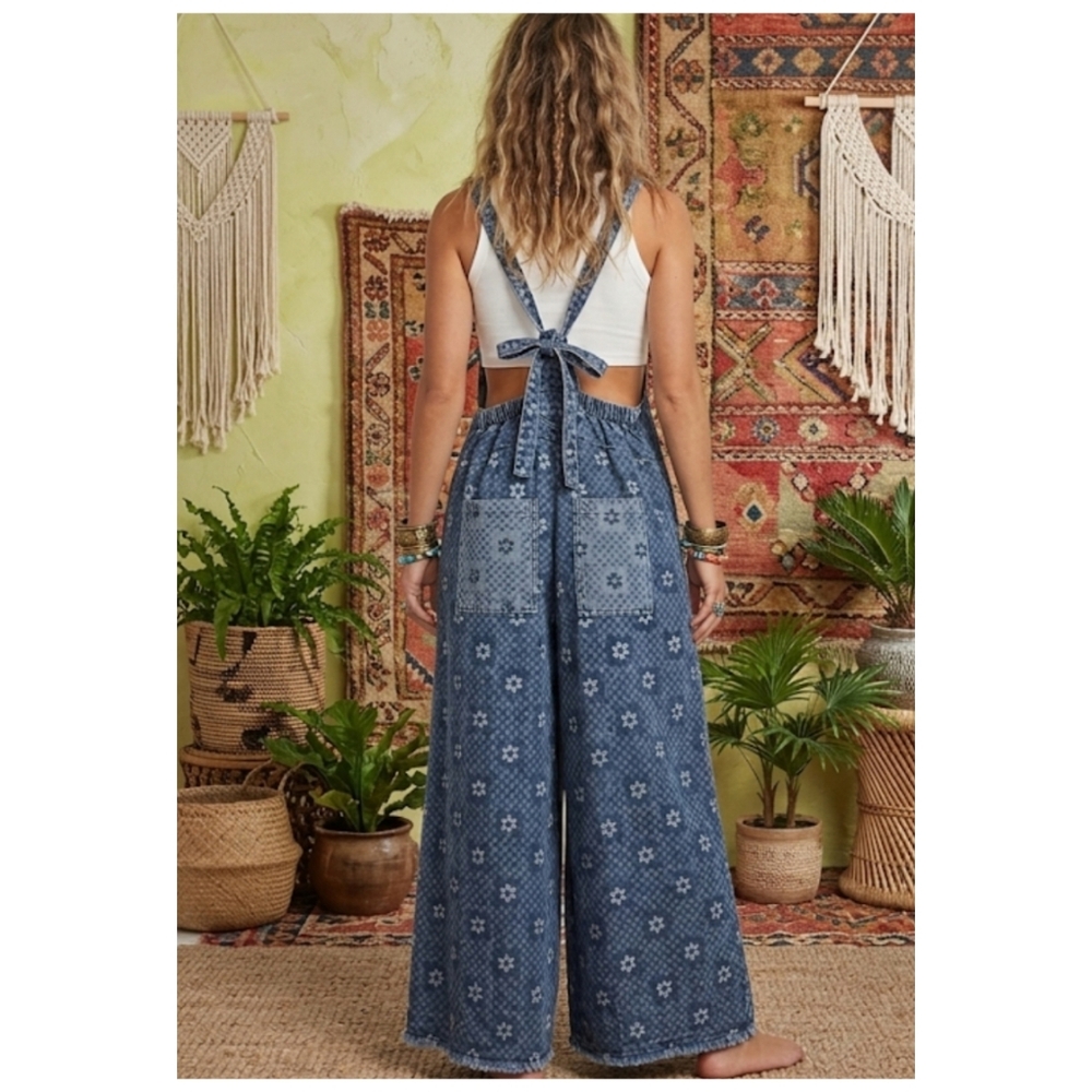 Blue Velvet Floral Washed Wide Leg Overalls - Picture 2 of 7